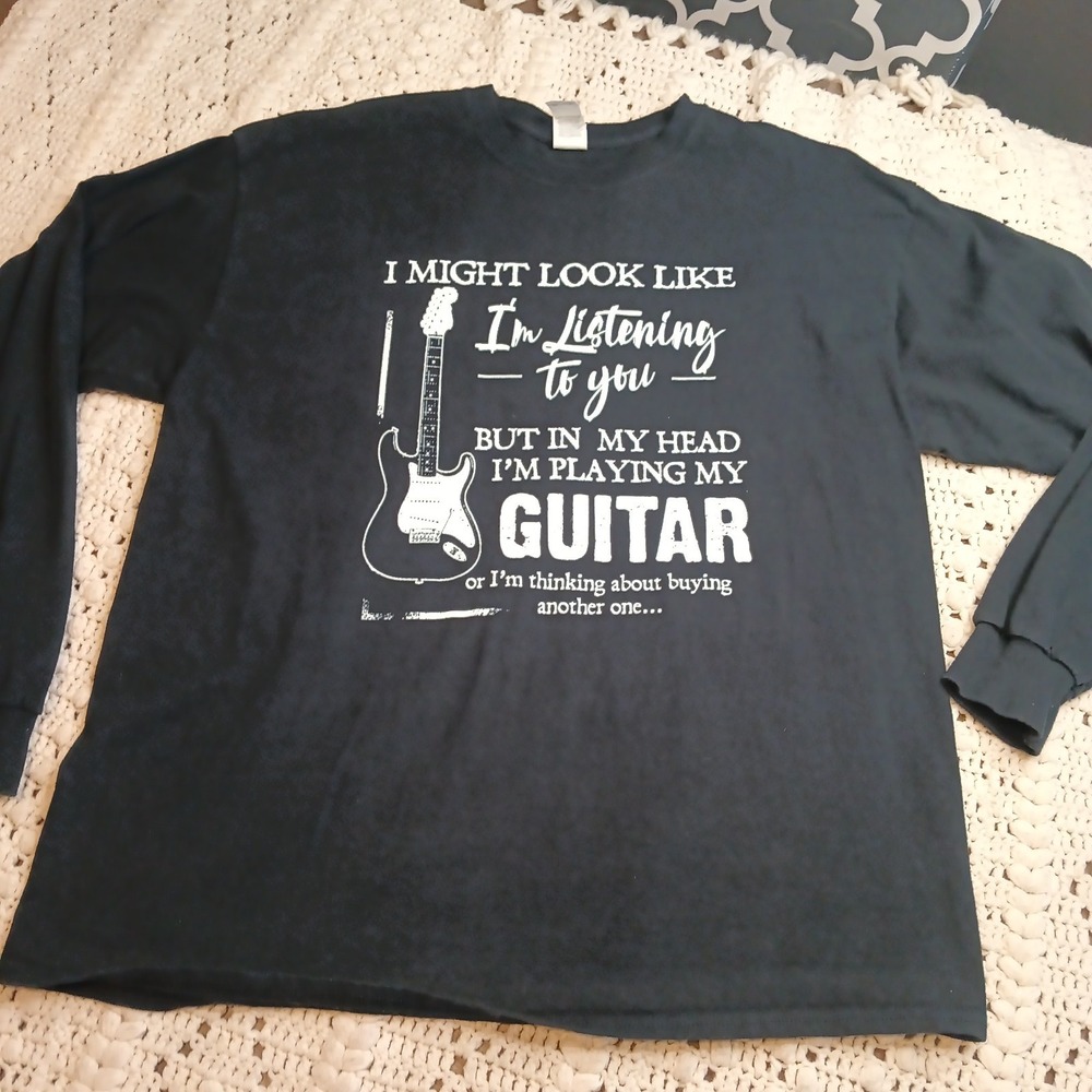 Guitar Musician Long Sleeve Black Graphic T Shirt Humor Mens XL Funny Dad Gift